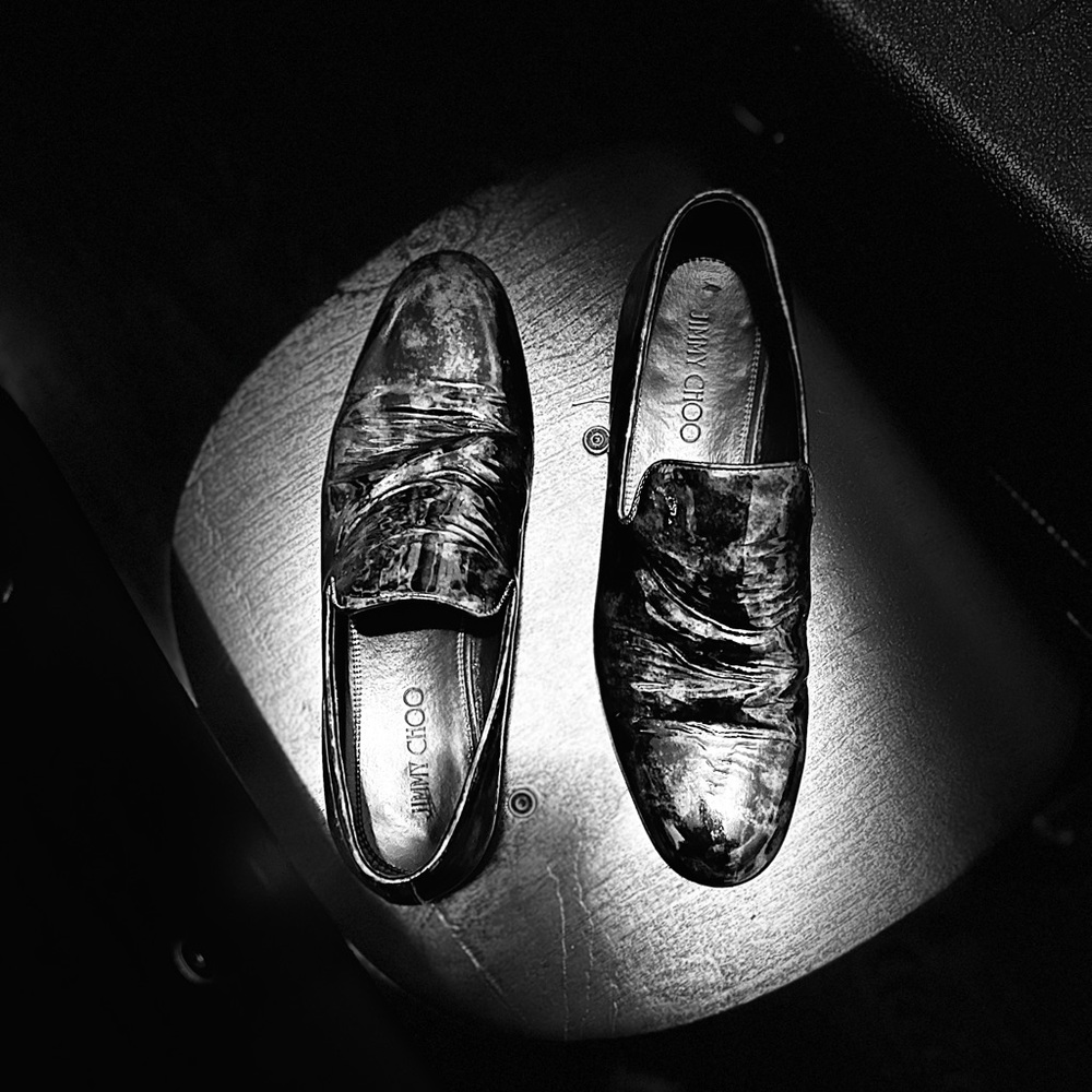 Men’s Jimmy Choo Black Etiquette patent leather in a black /light gray camo